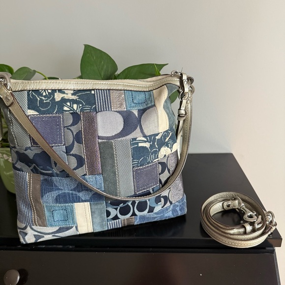 COACH Patchwork Denim Blue Convertible Shoulder Bag Purse Handbag Y2K Suede - Picture 2 of 13